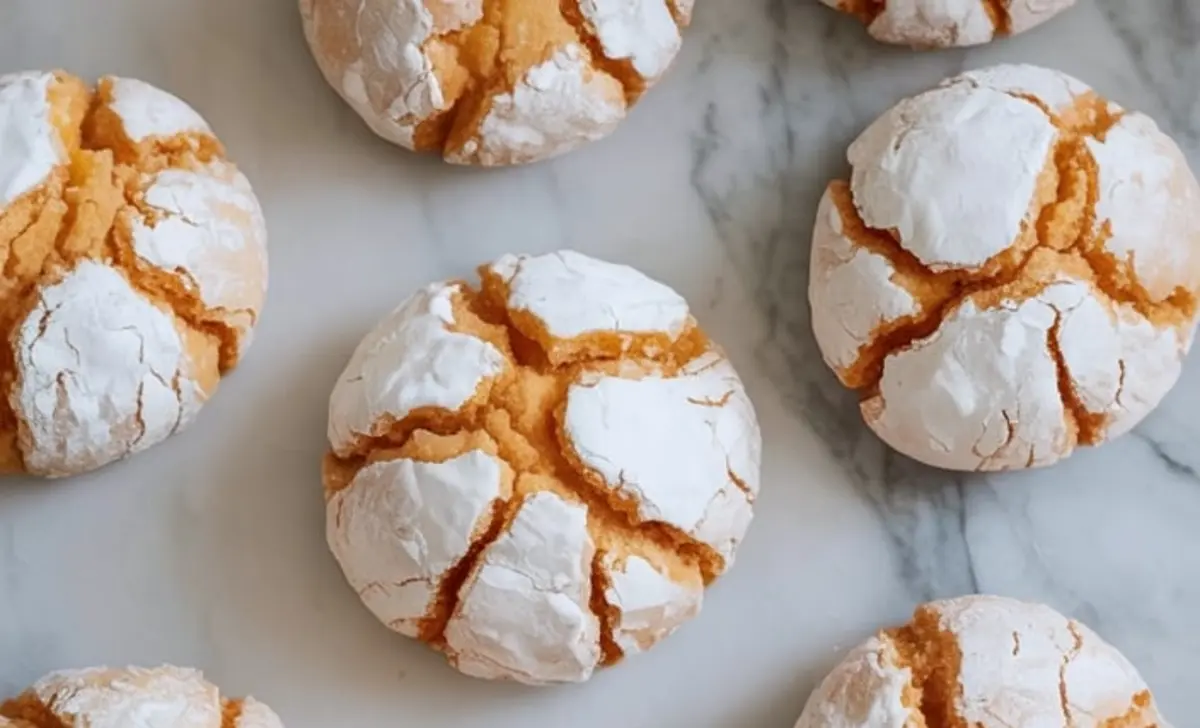 Orange crinkle cookies on a marble surface with a cracked powdered sugar top, highlighting their golden color and soft centers.