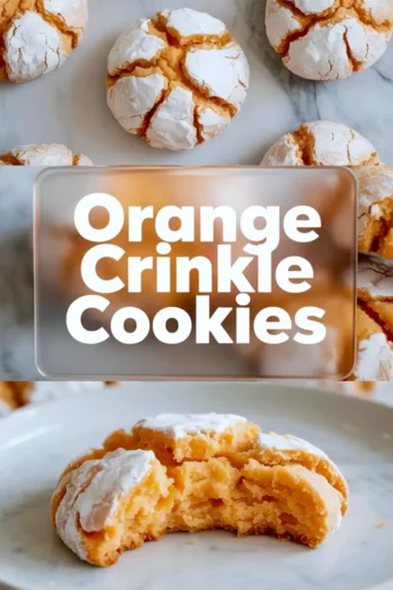 Vertical collage with bold “Orange Crinkle Cookies” title between two images: cracked sugar-dusted cookies on top and a close-up of a bitten cookie with a moist, chewy center on the bottom.