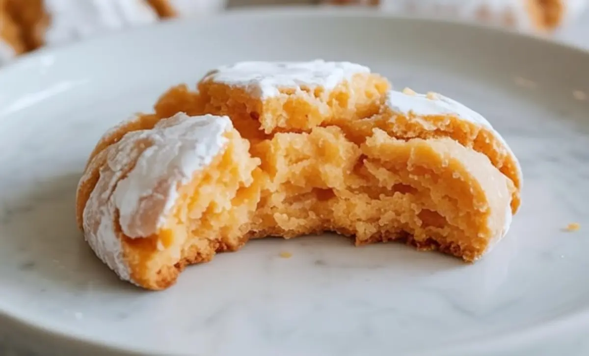 Close-up of a single bitten orange crinkle cookie on a white plate, showing the soft and fluffy inner texture with sugar-dusted crust.