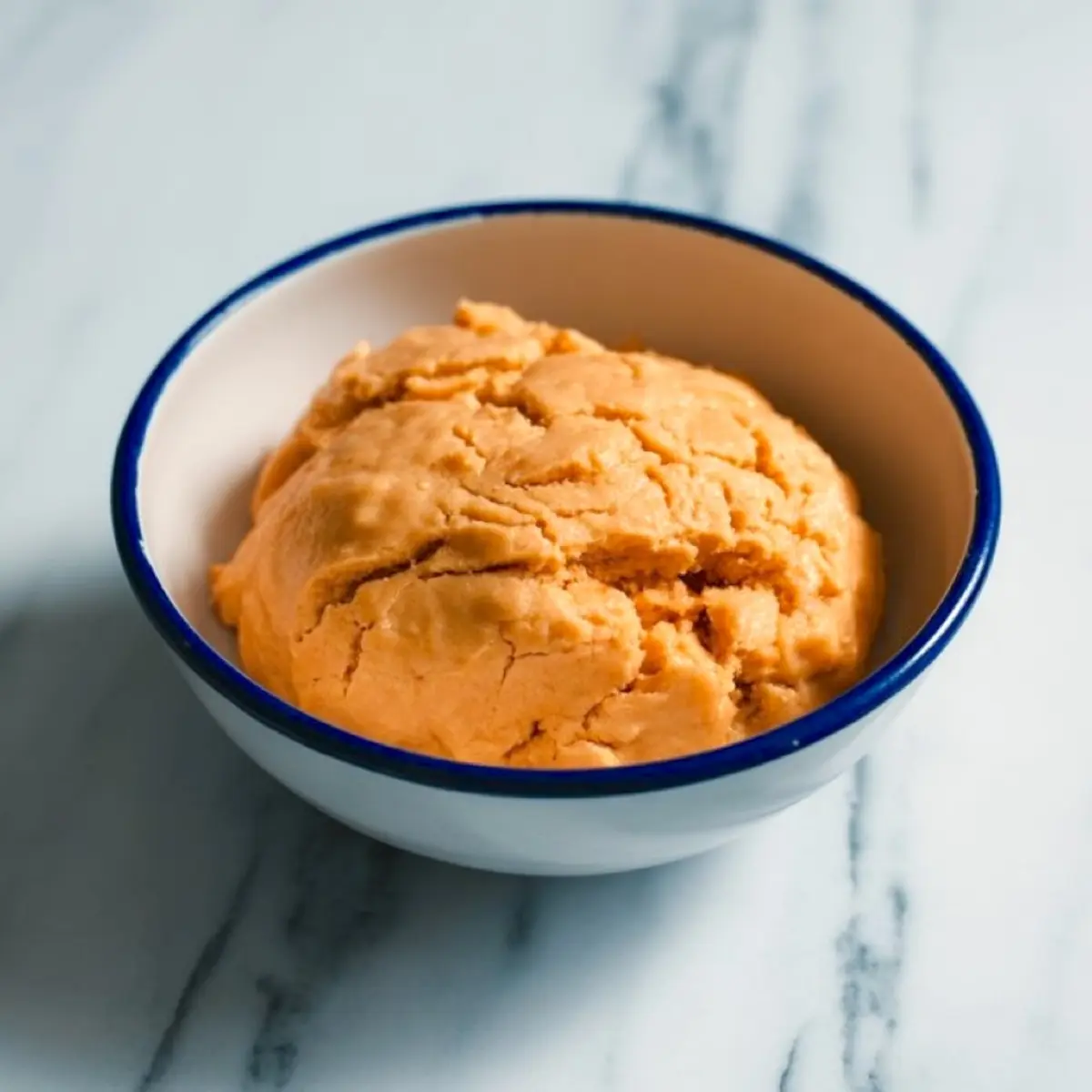 Round ball of orange cookie dough in a white bowl with blue rim, set on a marble surface, showing prepared dough before shaping.