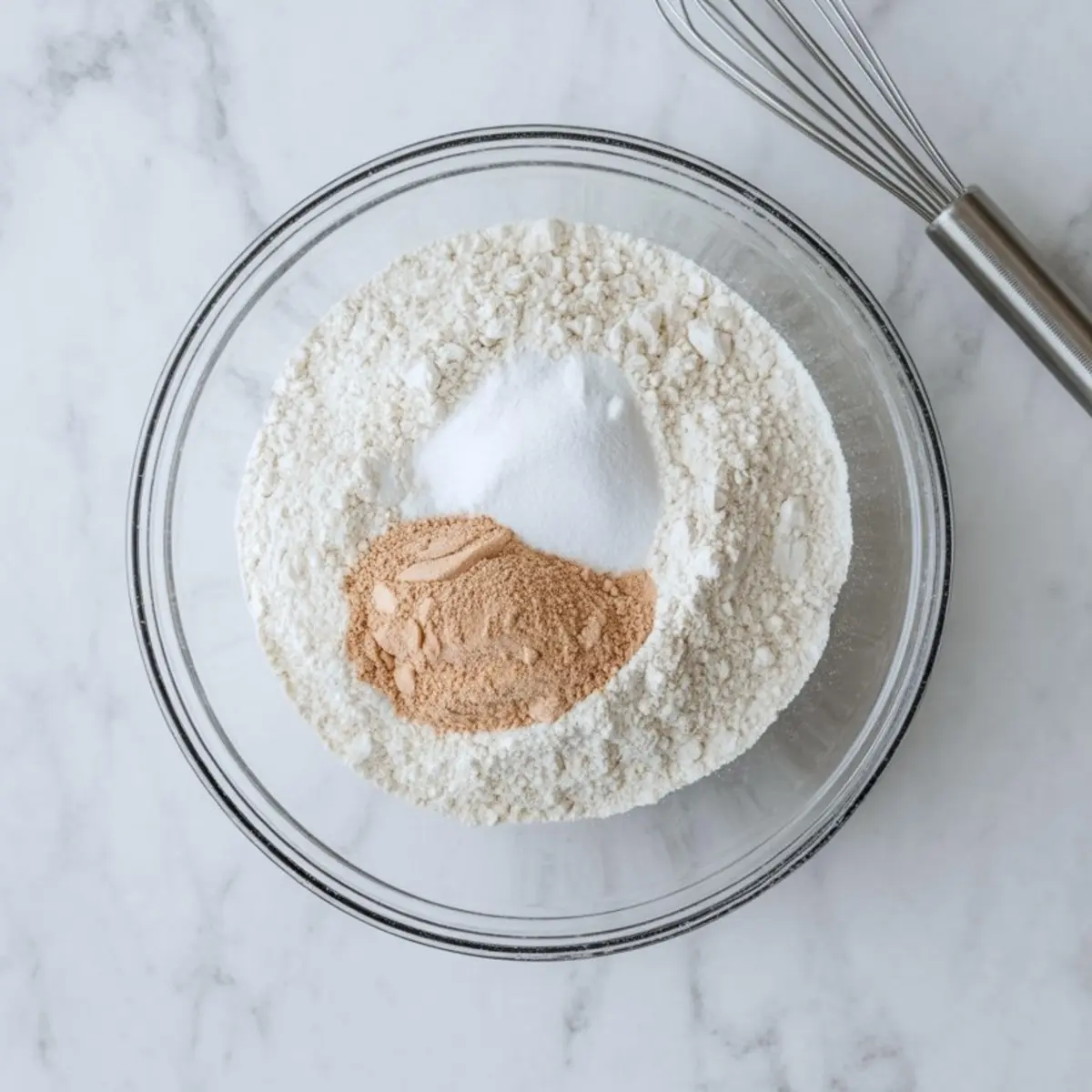 Bowl of dry baking ingredients including all-purpose flour, baking soda, baking powder, and ground ginger, ready for combining.