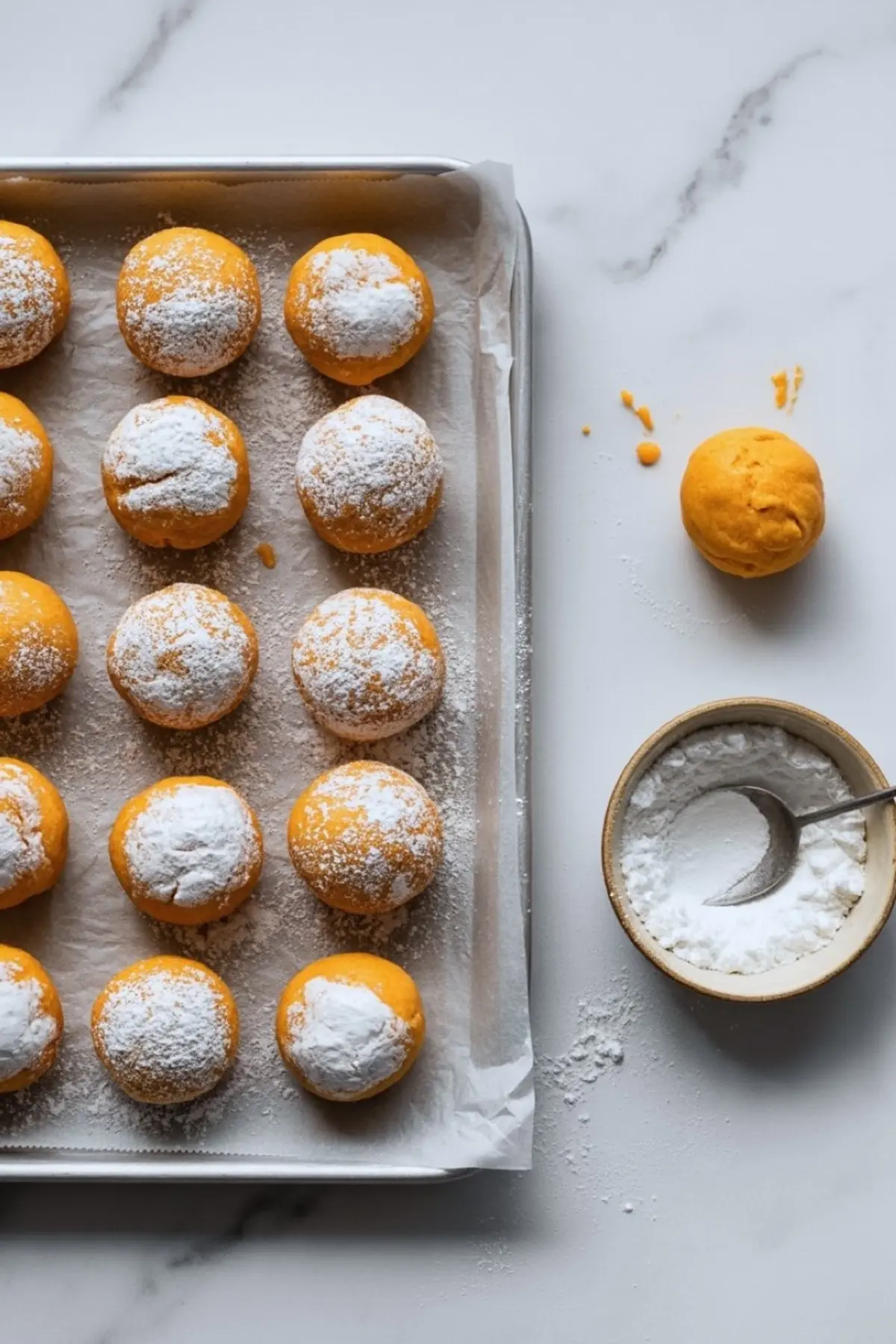 Baking tray lined with parchment paper holding evenly spaced orange cookie dough balls dusted with powdered sugar, with a bowl of sugar and spoon on the side.