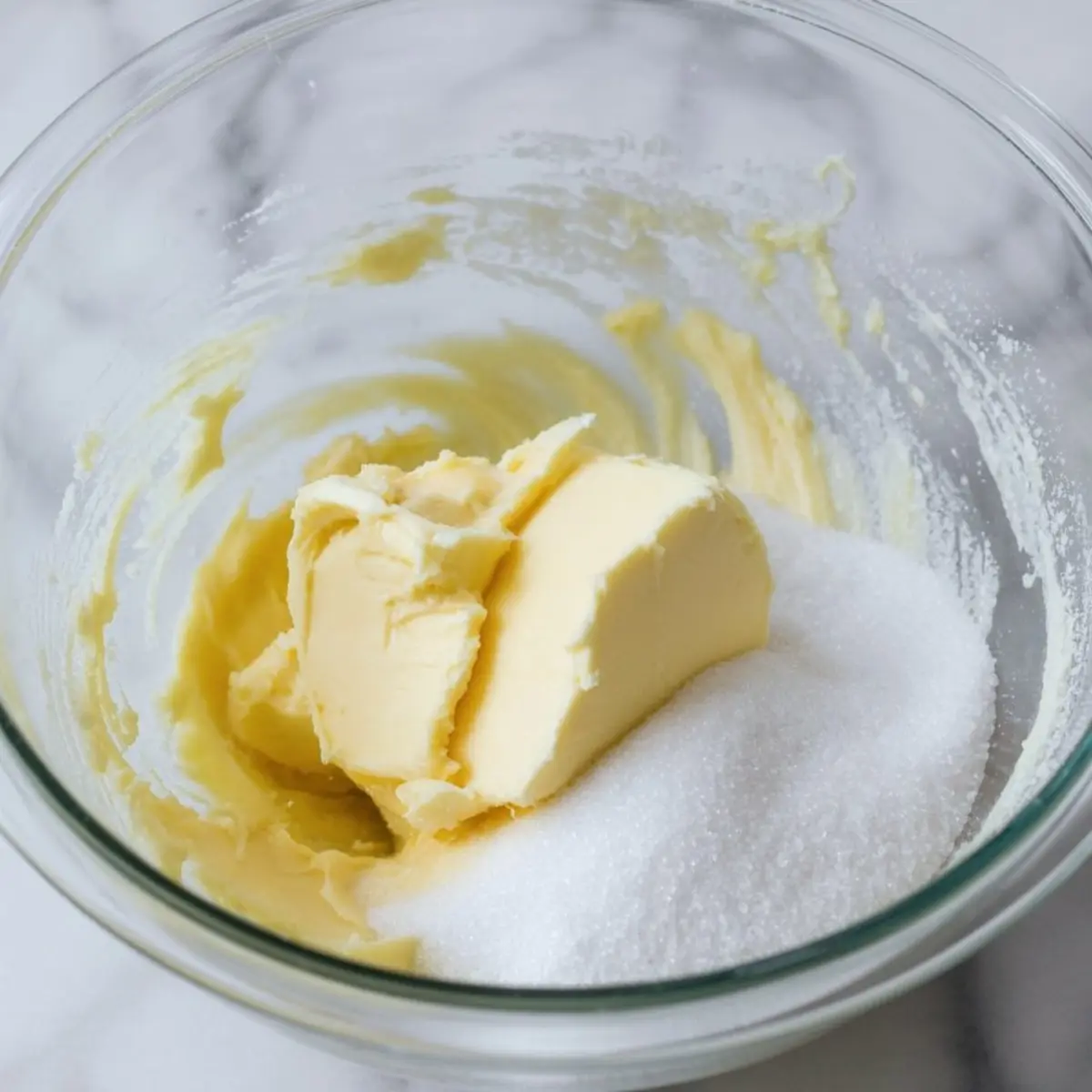 Glass mixing bowl with softened butter and granulated sugar on a marble surface, showing the creaming stage of cookie dough preparation.