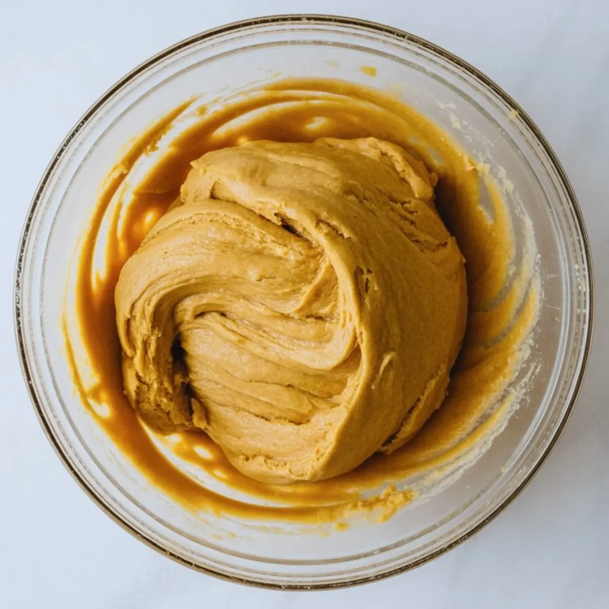 Thick, creamy orange dough in a clear bowl, representing a well-mixed cookie batter with rich color and smooth texture.