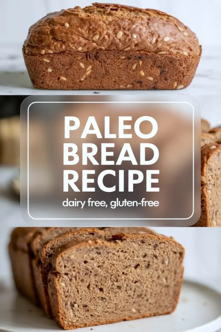 Vertical collage featuring a golden brown loaf of paleo bread topped with sesame seeds, centered text reading “Paleo Bread Recipe, dairy free, gluten-free,” and a zoomed-in view of sliced bread with a light, fluffy crumb texture.