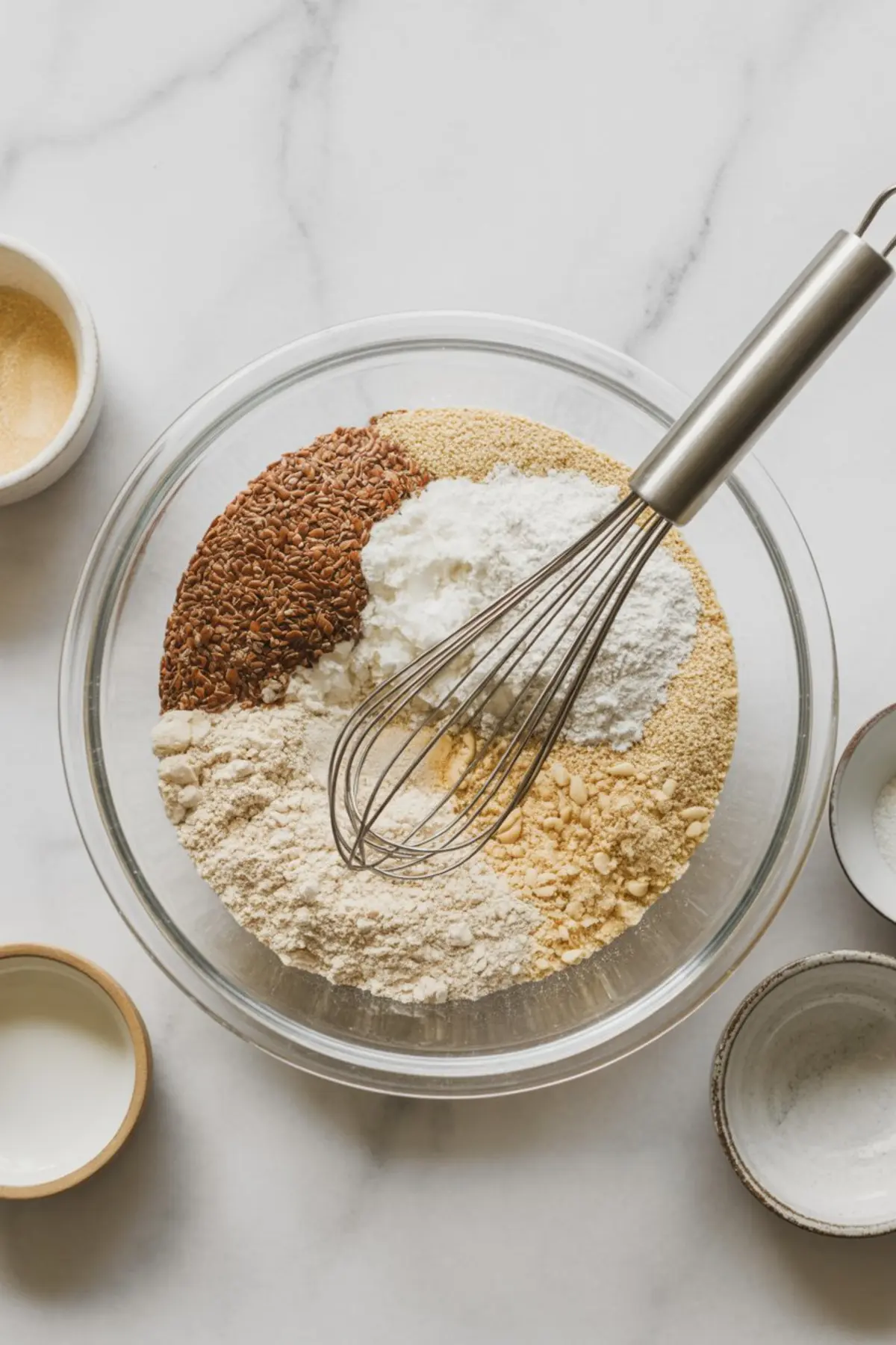 Clear bowl with dry paleo bread ingredients including flaxseeds, almond flour, tapioca starch, coconut flour, and pine nuts, with a metal whisk resting inside and small bowls of additional ingredients arranged around it.
