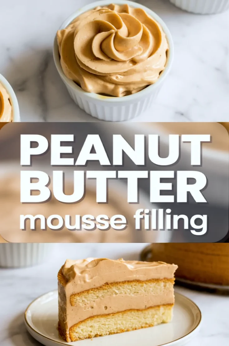 Creamy peanut butter mousse piped into a swirl in a ramekin, bold text saying “PEANUT BUTTER mousse filling,” and a cake slice with peanut butter mousse layers on a beige-rimmed plate.