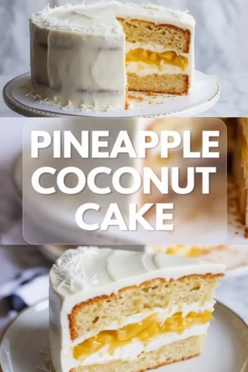 Pineapple coconut layer cake displayed as a collage showing a frosted round cake with a sliced section and a plated cake slice, featuring vanilla cake layers, coconut frosting, and a bright pineapple filling on a light marble background with pineapple coconut cake text overlay.