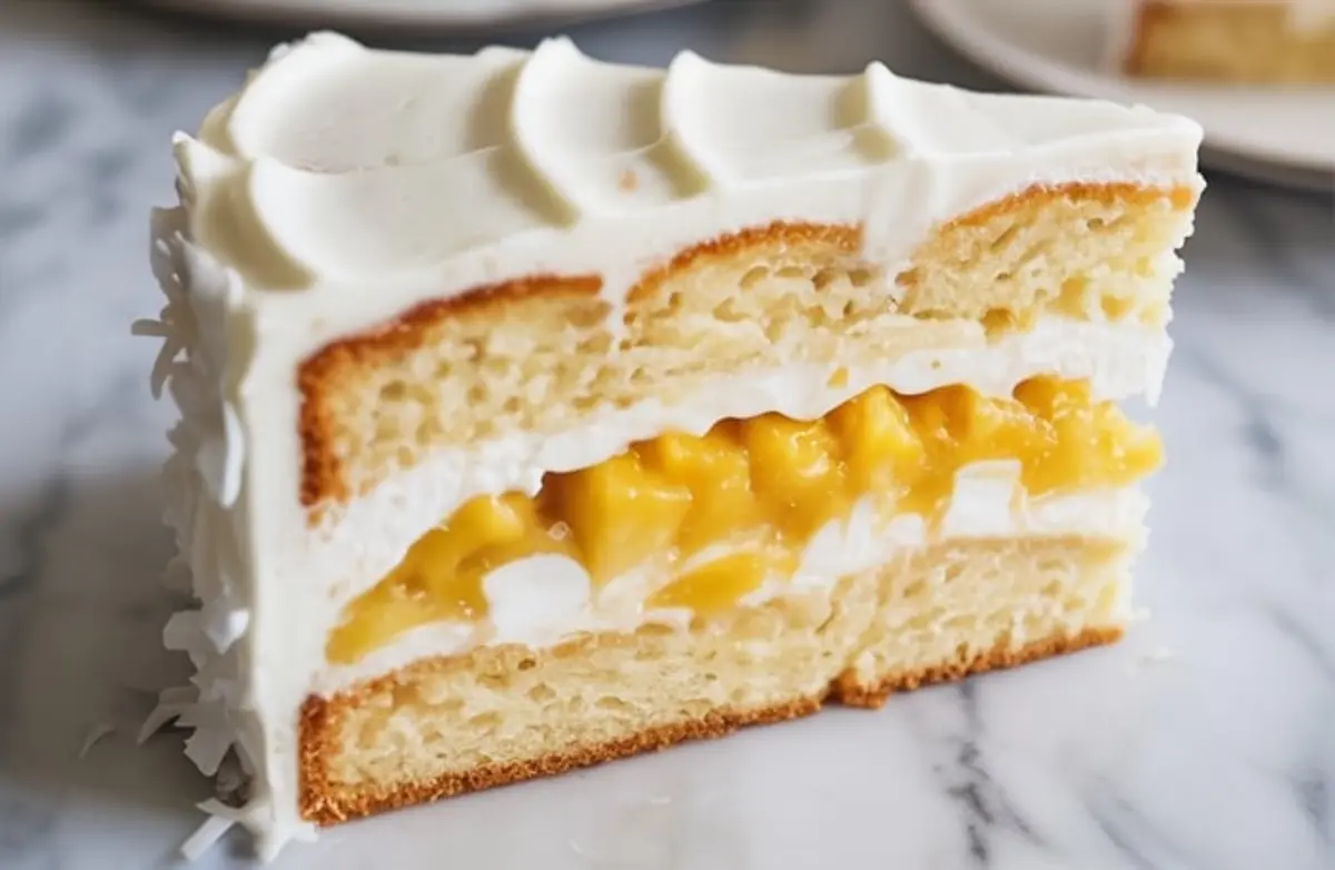 Close-up of a pineapple coconut cake slice with moist vanilla cake layers, thick pineapple filling, smooth coconut frosting, and visible coconut flakes, placed on a marble surface for dessert photography.
