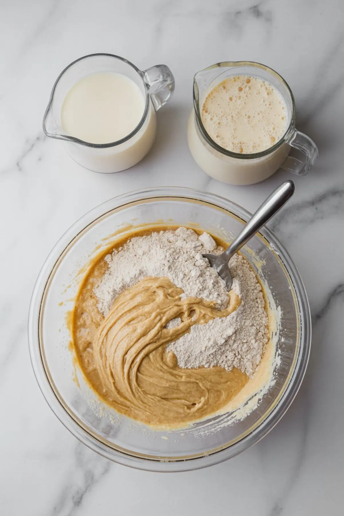 Glass mixing bowl with vanilla cake batter partially mixed with flour, showing thick batter texture, milk in glass pitchers, and a spoon, photographed overhead on a white marble surface.
