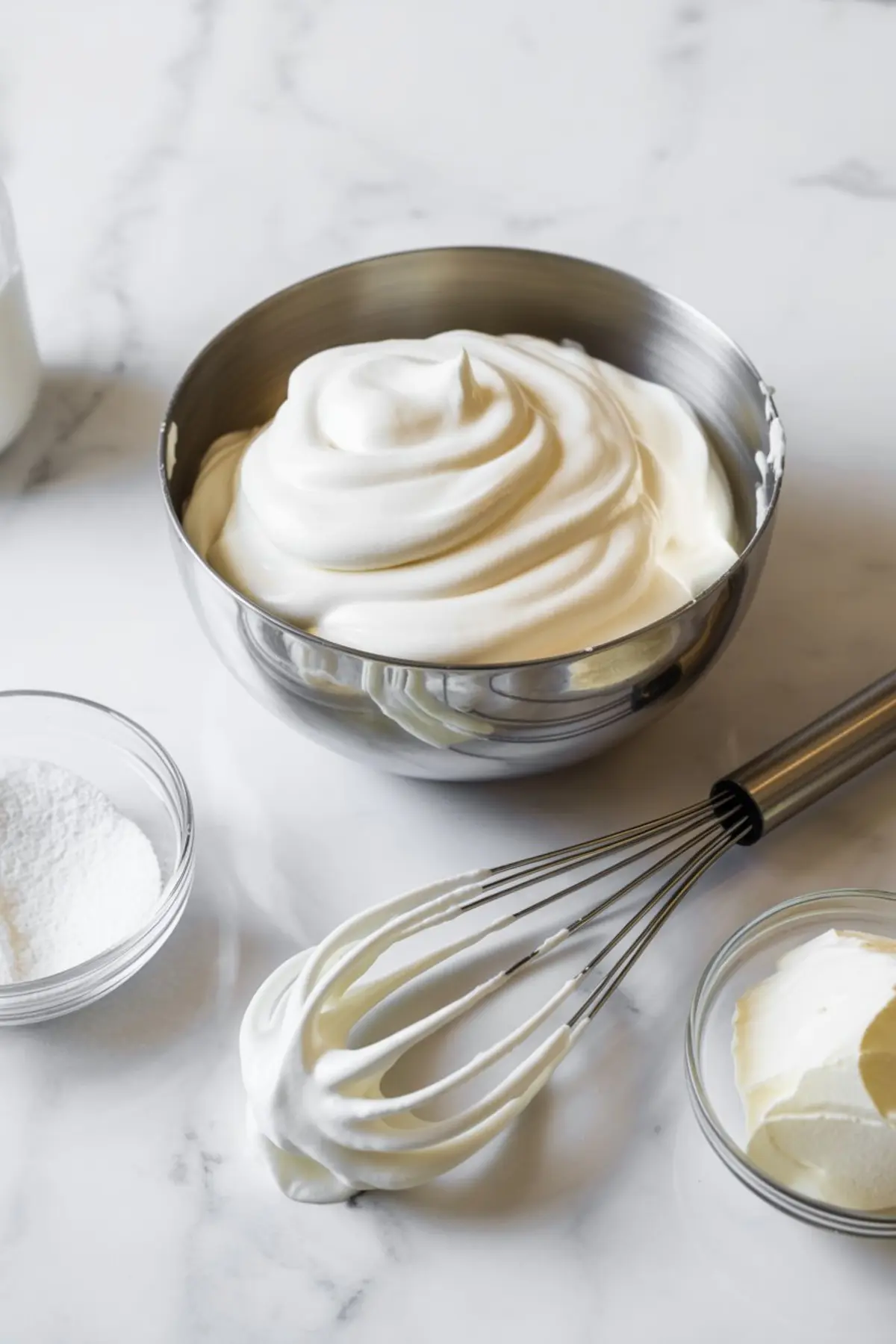 Metal bowl filled with whipped coconut frosting showing soft peaks, surrounded by a whisk, powdered sugar, and butter, styled on a clean marble work surface.
