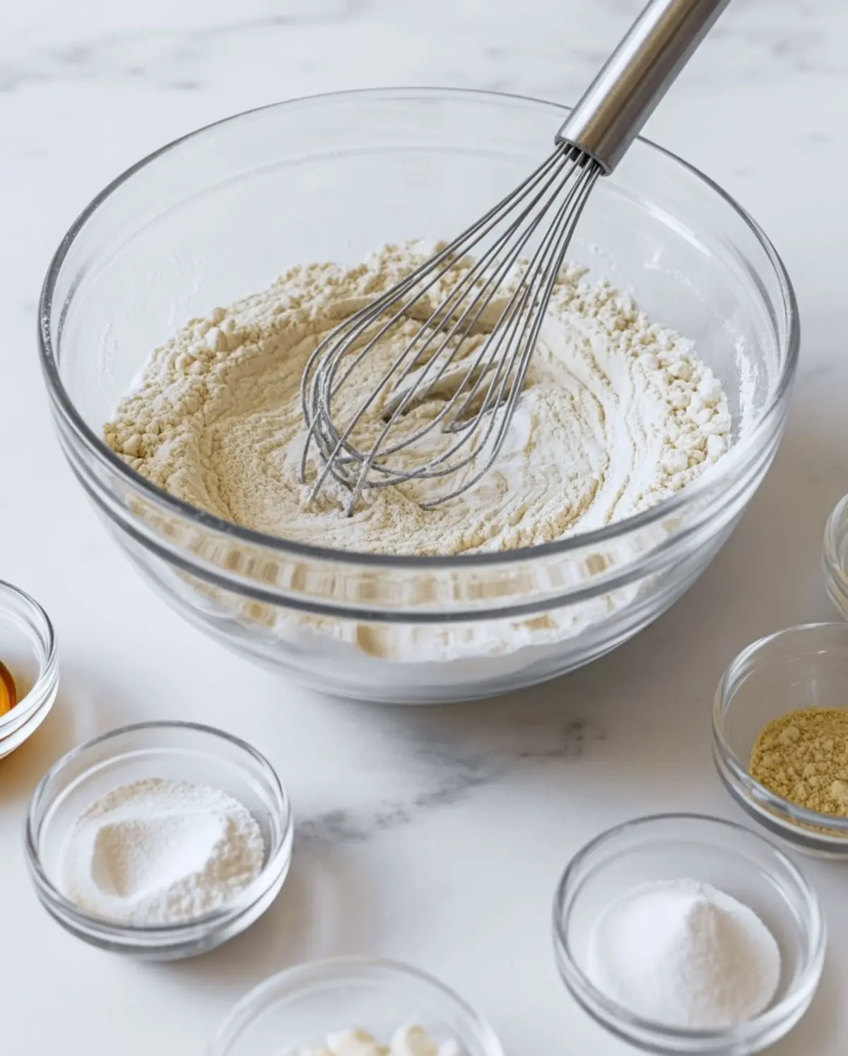 Glass bowl of dry cake ingredients being whisked together, including flour and leavening, with small ingredient bowls arranged around it on a white marble countertop.
