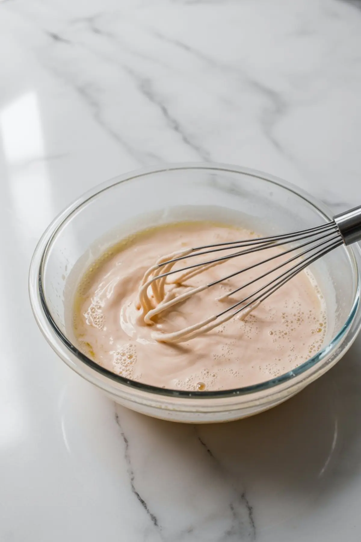 Glass mixing bowl with pale pink cake batter and champagne, with a metal whisk on a marble countertop. Step of preparing pink champagne cake with a light and airy batter texture.