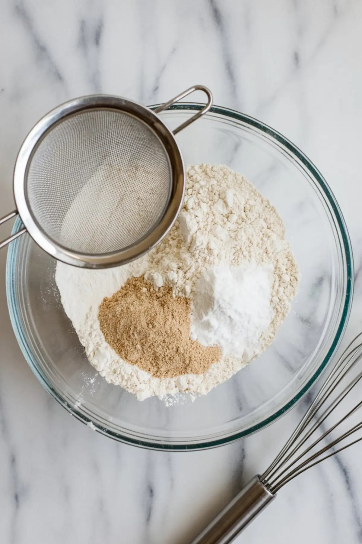Clear glass bowl with sifted dry ingredients including flour, baking powder, and brown sugar, beside a stainless steel sifter. Step in baking preparation for pink champagne cake recipe.