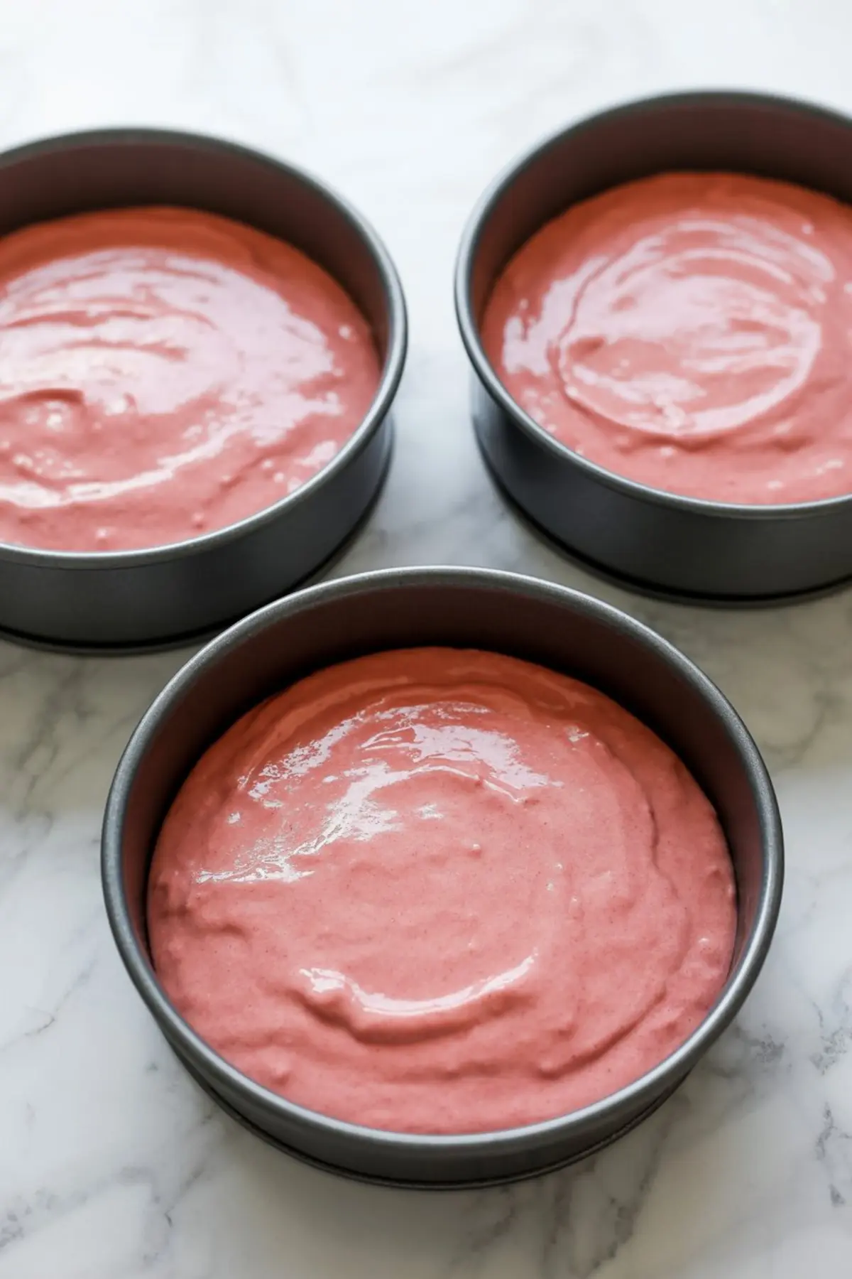 Three round cake pans filled with smooth pink batter ready to bake. Preparing layers for a pink champagne layer cake.
