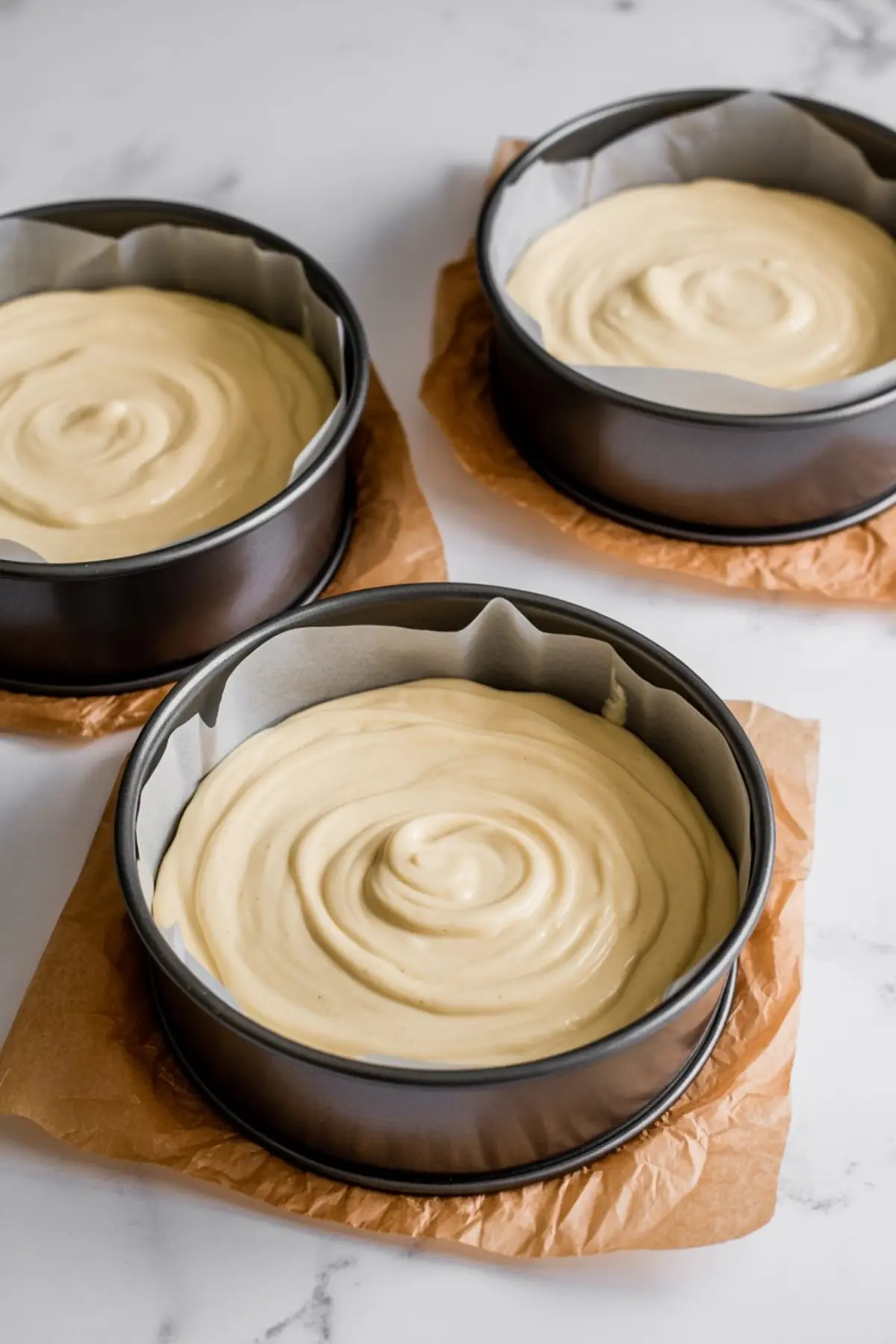 Three round cake pans lined with parchment paper, each filled with smooth vanilla cake batter, evenly swirled surface, ready for baking.
