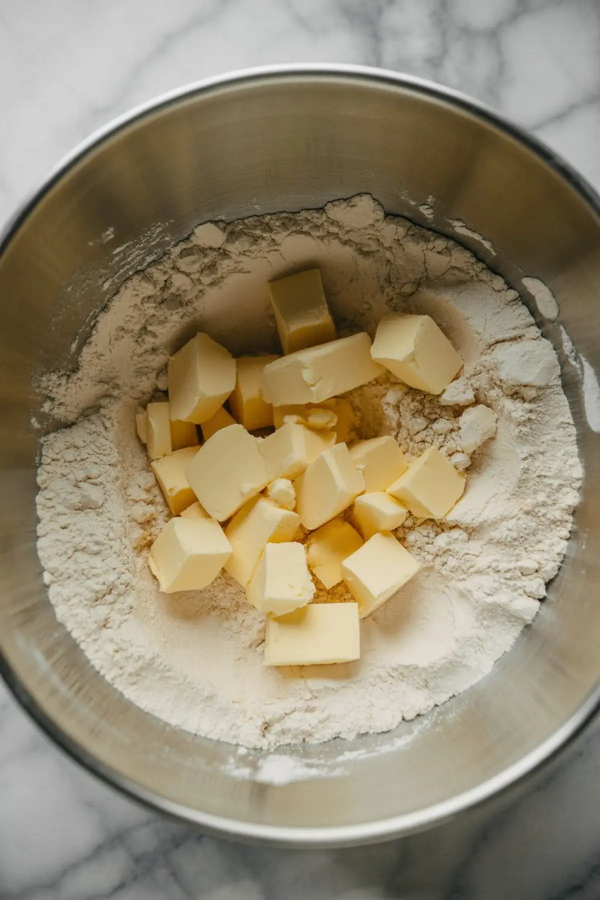 Metal mixing bowl with flour and cubed butter, butter pieces scattered over dry ingredients, baking prep for cake base.