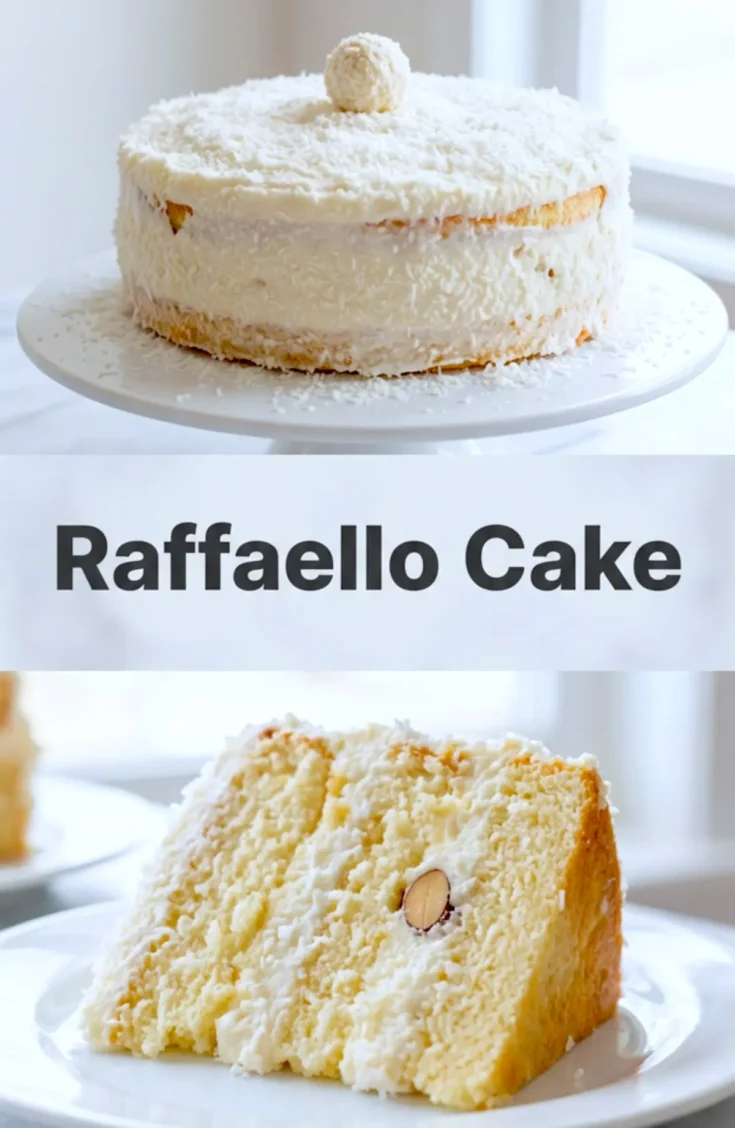 Raffaello coconut cake displayed on a white cake stand with shredded coconut coating, text overlay reading Raffaello Cake, cake slice showing almond inside on a white plate below.