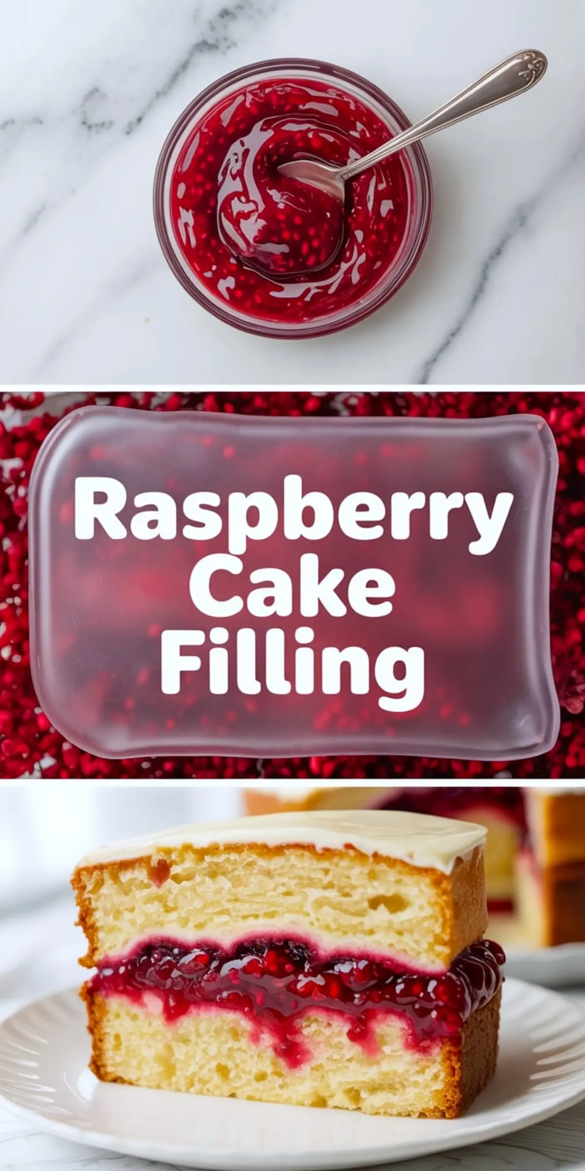 Raspberry cake filling collage showing a glass jar of glossy raspberry filling with seeds, bold text reading raspberry cake filling, and a vanilla layer cake slice filled with thick raspberry filling on a white plate.
