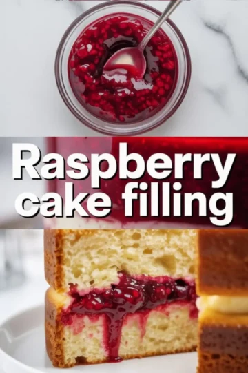 Raspberry cake filling collage with a spoon stirring glossy raspberry filling in a jar, bold raspberry cake filling text overlay, and a tall vanilla cake slice with thick raspberry filling dripping between layers.