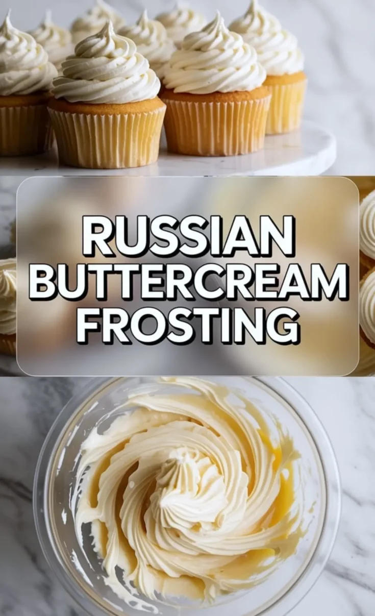 Vanilla cupcakes topped with tall swirls of Russian buttercream frosting on a marble surface, combined with a detailed view of a bowl filled with fluffy, golden cream frosting made from sweetened condensed milk and butter.