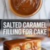 A vertical collage with two sections: the top half shows a glass bowl of glossy salted caramel sauce sprinkled with flaky sea salt on a marble surface; the bottom half features a slice of vanilla layer cake with thick salted caramel filling oozing between layers and over the sides. Text overlay reads “Salted Caramel Filling for Cake.”