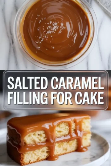 A vertical collage with two sections: the top half shows a glass bowl of glossy salted caramel sauce sprinkled with flaky sea salt on a marble surface; the bottom half features a slice of vanilla layer cake with thick salted caramel filling oozing between layers and over the sides. Text overlay reads “Salted Caramel Filling for Cake.”