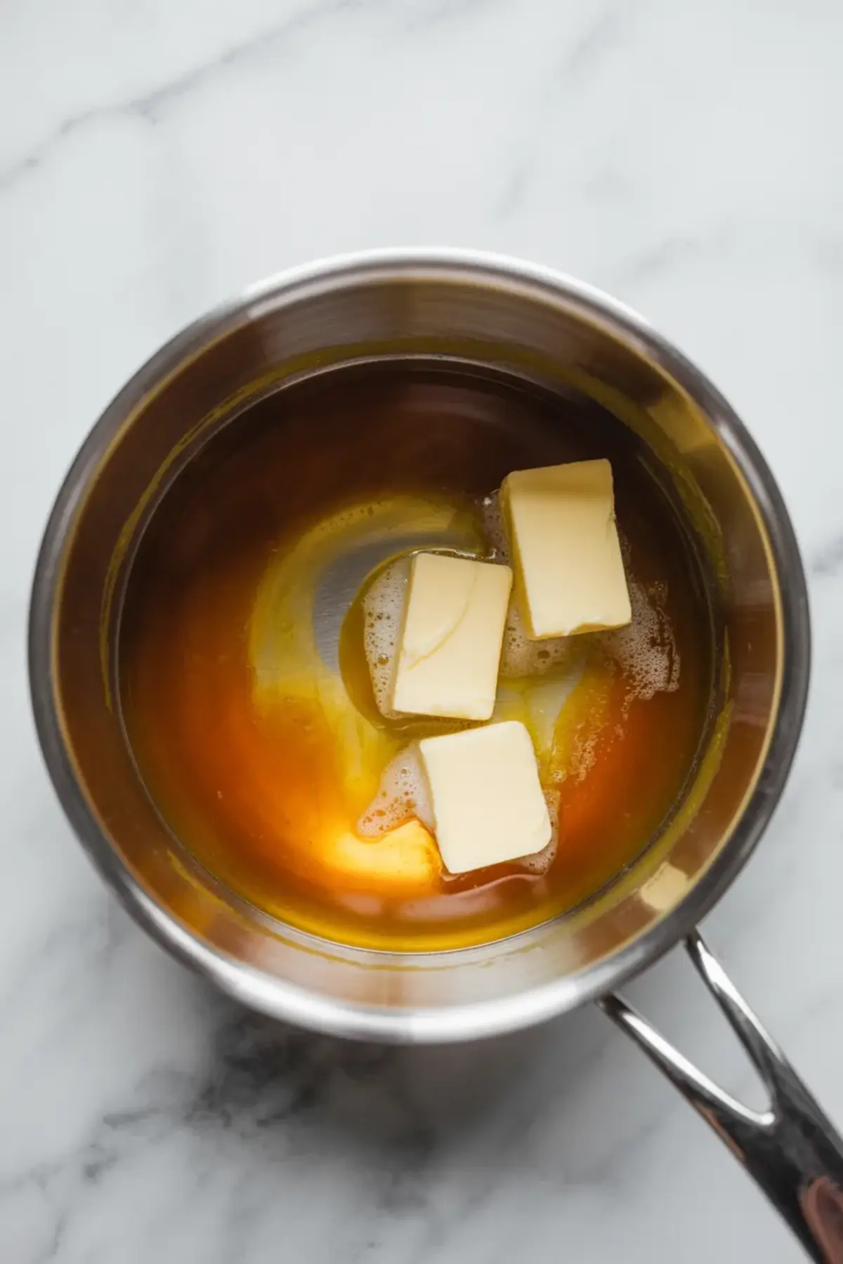 A saucepan filled with bubbling amber caramel mixture holds three rectangular pats of butter starting to melt, illustrating an intermediate step in making salted caramel.
