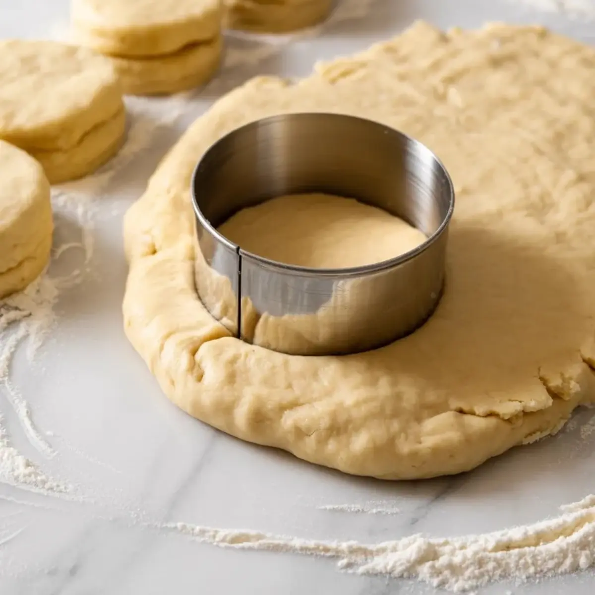 Round metal biscuit cutter pressed into raw biscuit dough on a floured marble surface, with cut biscuit rounds in the background.
