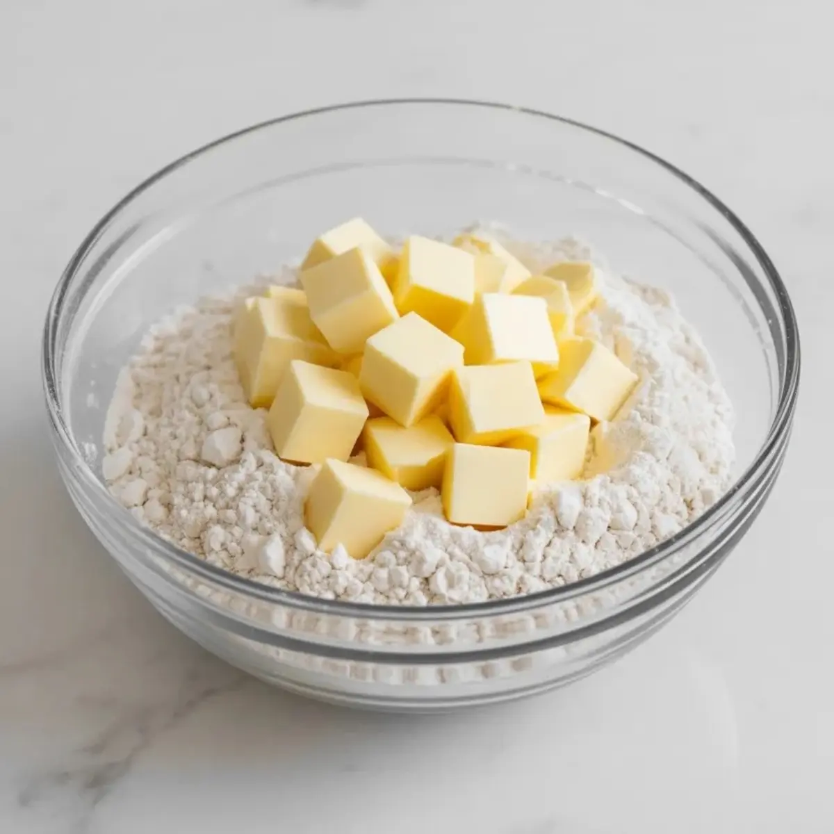 Glass mixing bowl filled with all-purpose flour and cubes of cold butter, ready for biscuit dough preparation.
