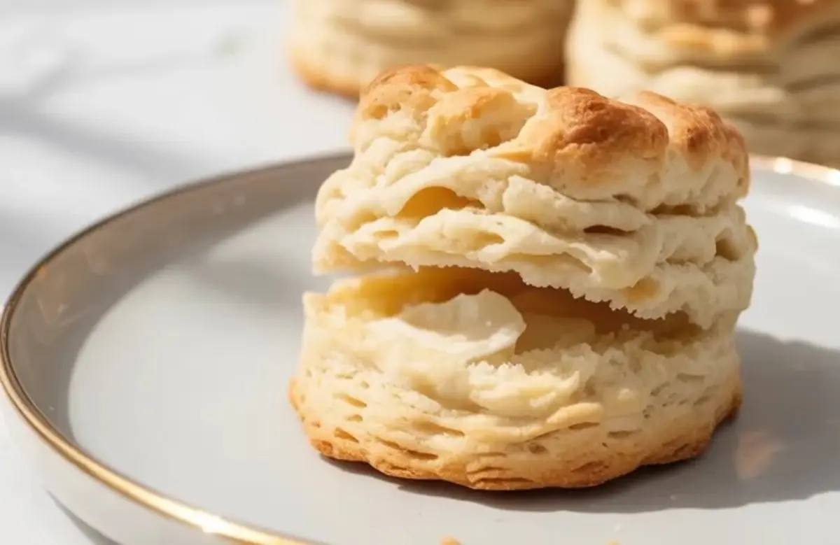Flaky sour cream biscuit with visible buttery layers sliced open on a plate, revealing a golden crisp exterior and soft interior.
