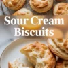 Top image displays sour cream biscuits cooling on a wire rack; bottom image shows a biscuit broken open on a plate to reveal a soft, fluffy interior, with centered overlay text “Sour Cream Biscuits.”