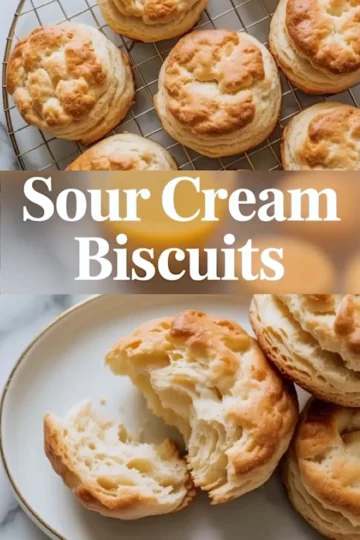 Top image displays sour cream biscuits cooling on a wire rack; bottom image shows a biscuit broken open on a plate to reveal a soft, fluffy interior, with centered overlay text “Sour Cream Biscuits.”