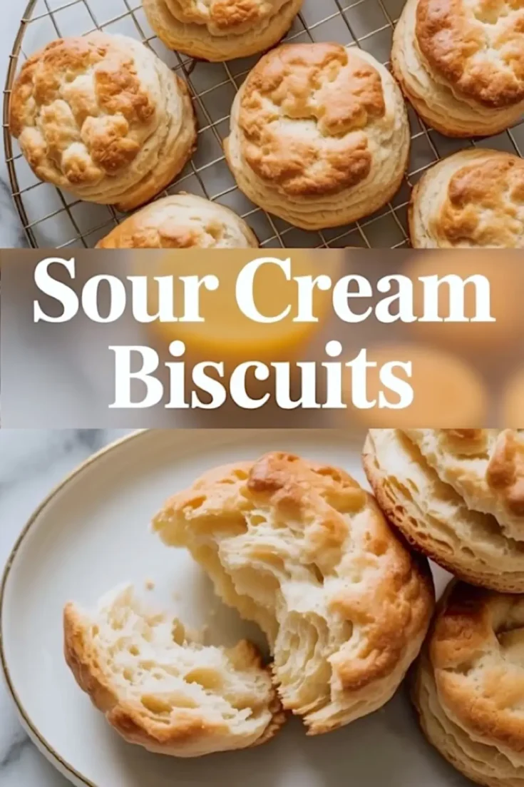 Top image displays sour cream biscuits cooling on a wire rack; bottom image shows a biscuit broken open on a plate to reveal a soft, fluffy interior, with centered overlay text “Sour Cream Biscuits.”