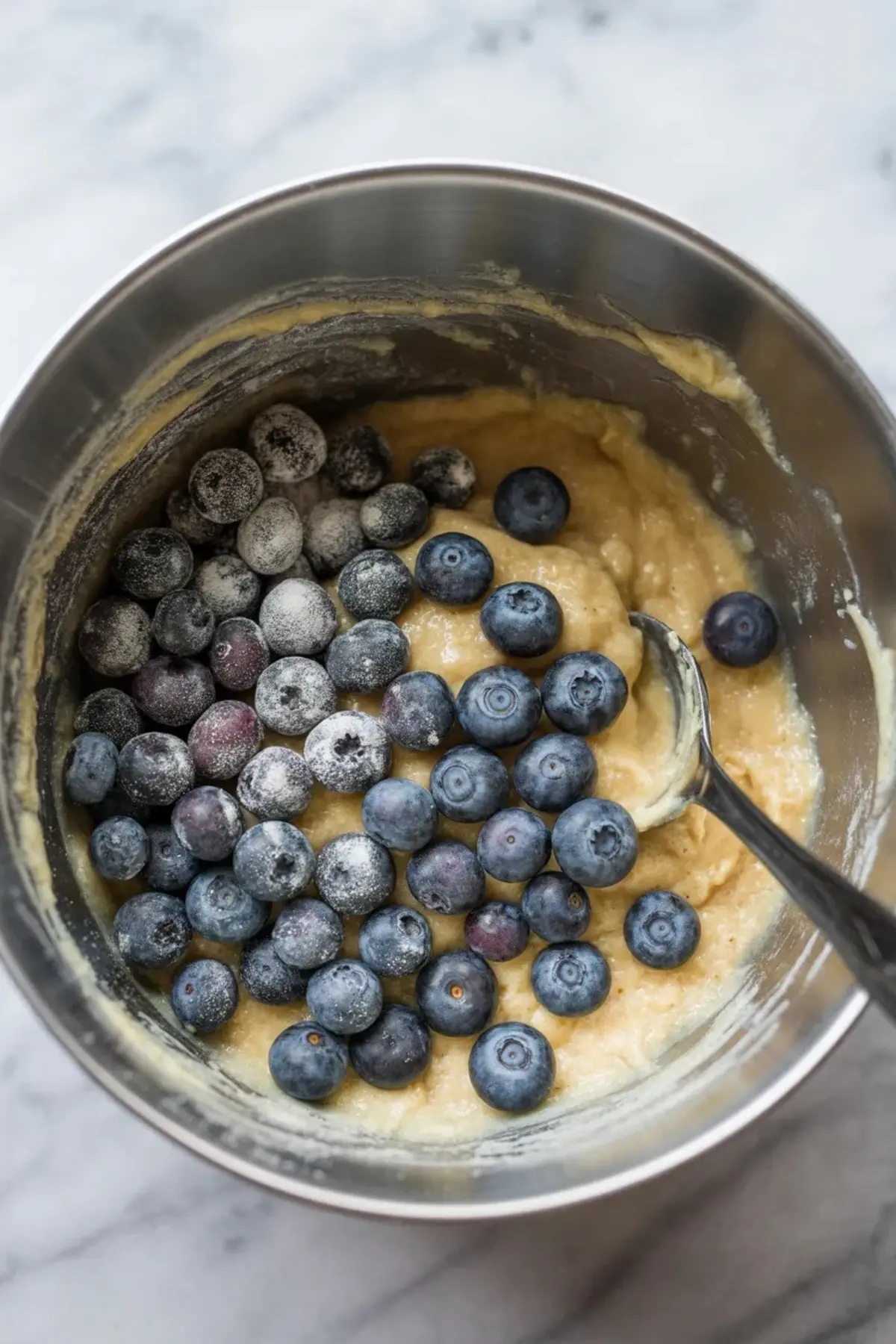 Stainless steel mixing bowl filled with thick muffin batter, topped with fresh and lightly floured blueberries being folded in with a metal spoon on a marble surface.