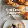 Collage with a top view of golden baked blueberry muffins on a plate and a bottom view of a sliced muffin revealing a moist interior with juicy blueberries, labeled “Sour Cream Blueberry Muffins.”