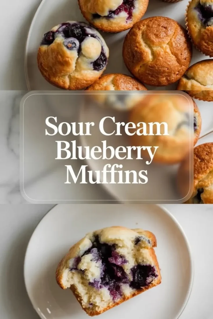 Collage with a top view of golden baked blueberry muffins on a plate and a bottom view of a sliced muffin revealing a moist interior with juicy blueberries, labeled “Sour Cream Blueberry Muffins.”