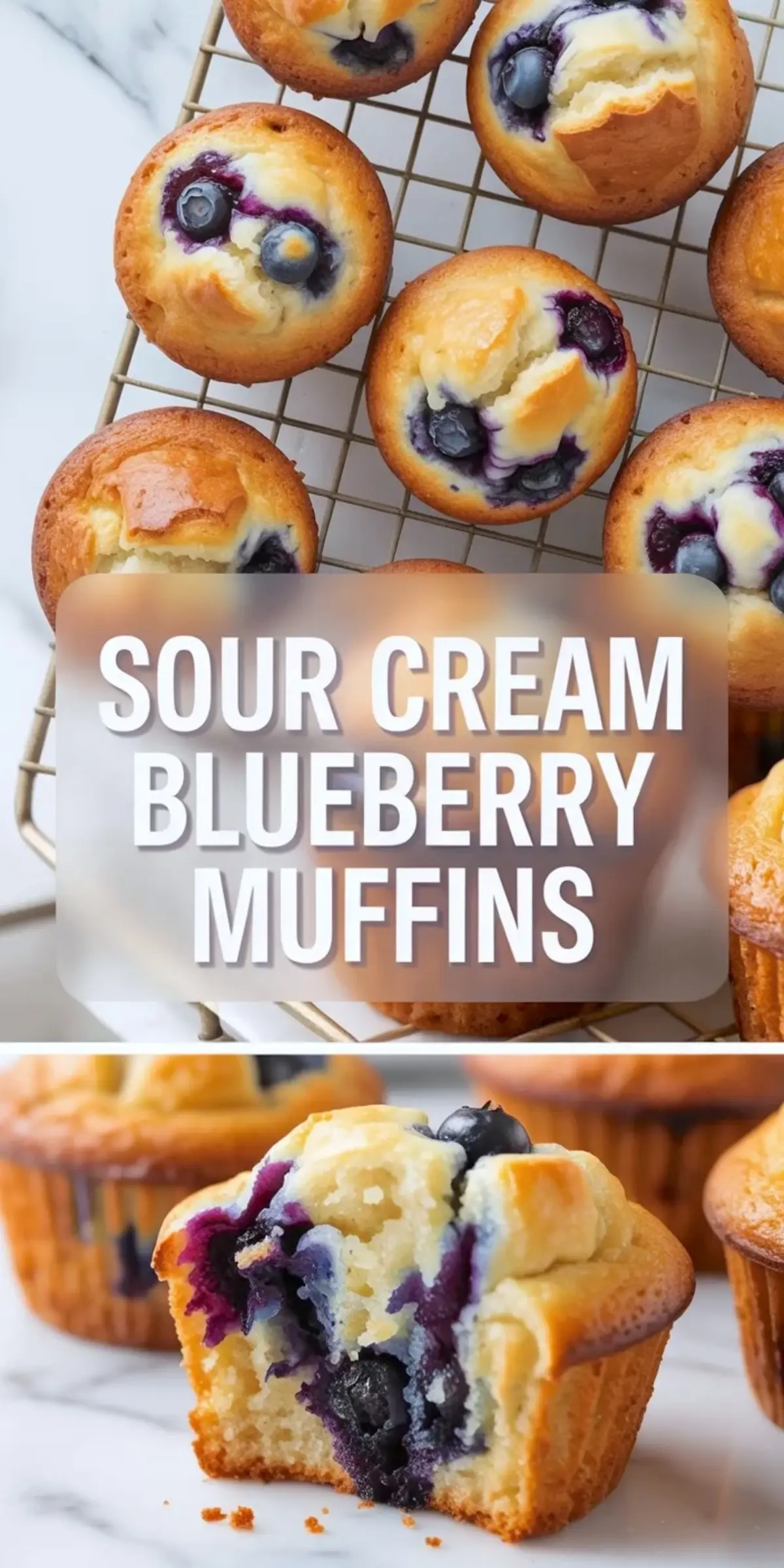 Collage featuring blueberry muffins cooling on a wire rack above and a moist muffin cut open on a marble counter below, captioned “Sour Cream Blueberry Muffins.”