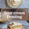 Vertical collage showing the process and final result of sour cream frosting. Top section displays a whipped frosting swirl in a bowl. Middle section presents the label “Sour cream Frosting.” Bottom section features a slice of vanilla cake filled and topped with thick, creamy sour cream frosting.