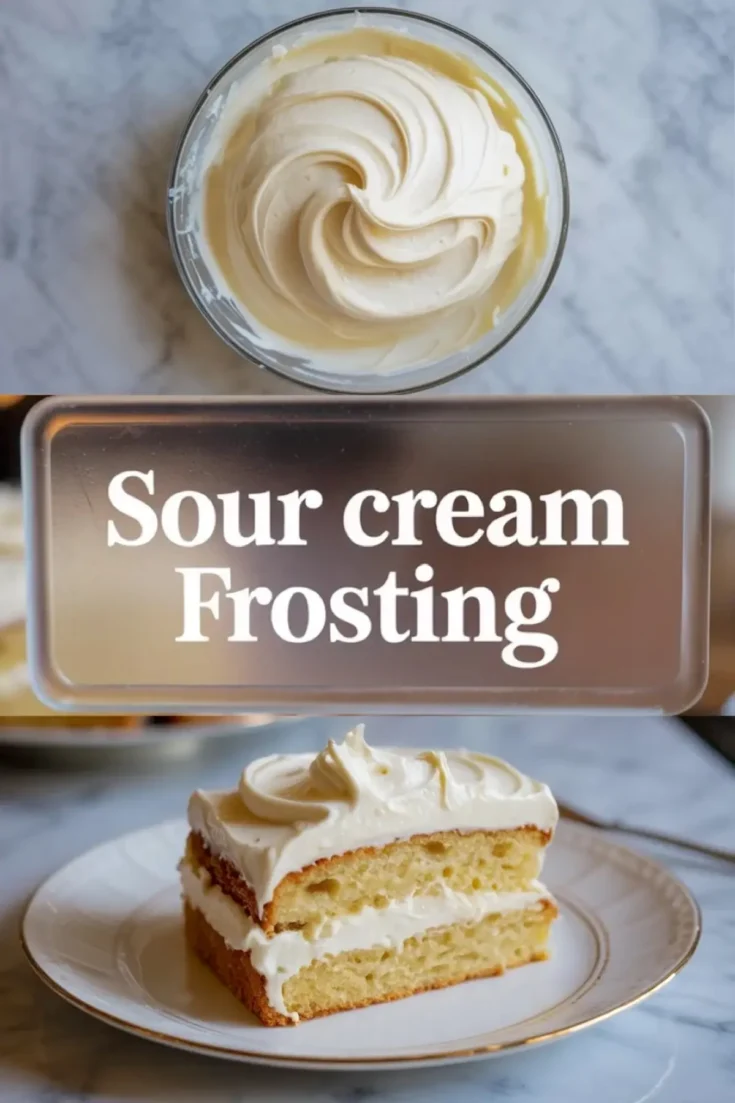 Vertical collage showing the process and final result of sour cream frosting. Top section displays a whipped frosting swirl in a bowl. Middle section presents the label “Sour cream Frosting.” Bottom section features a slice of vanilla cake filled and topped with thick, creamy sour cream frosting.