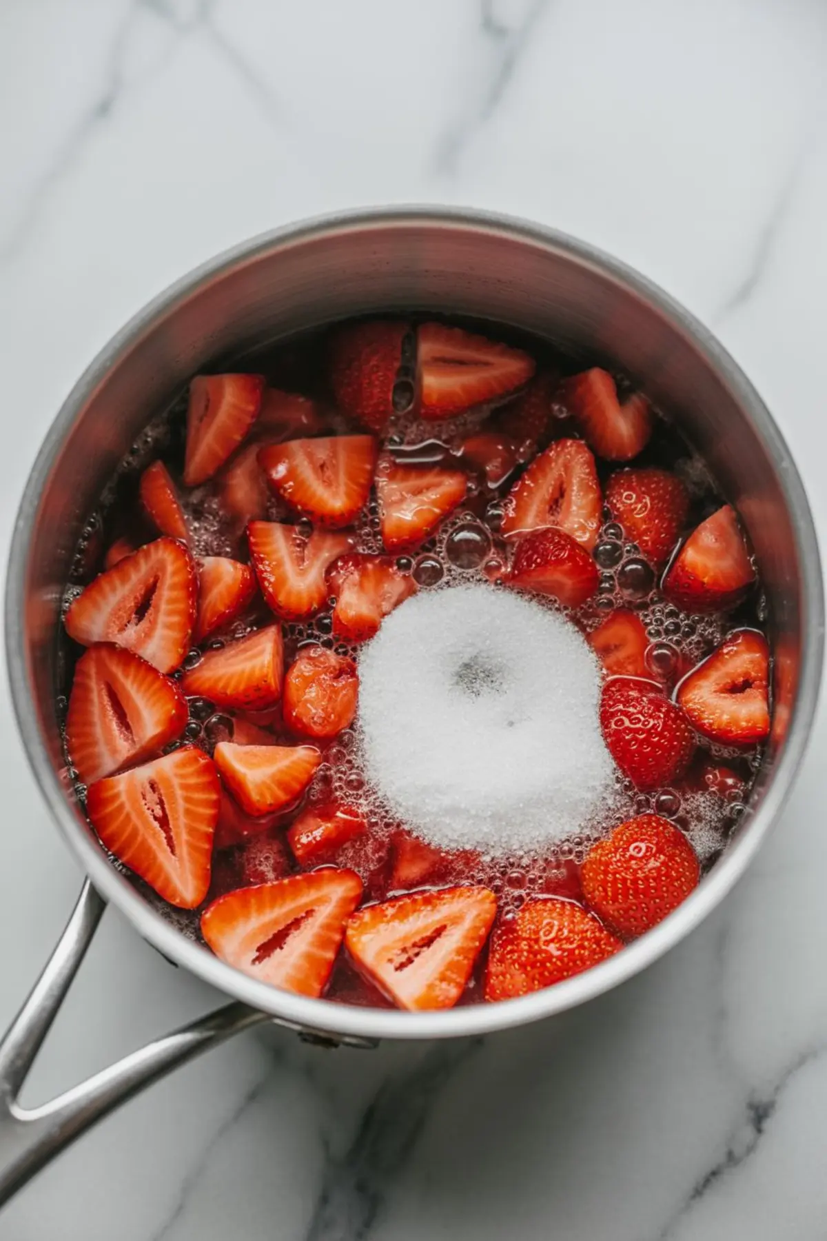 Fresh strawberry halves simmering with sugar in a saucepan, preparing for homemade strawberry compote or fruit filling.
