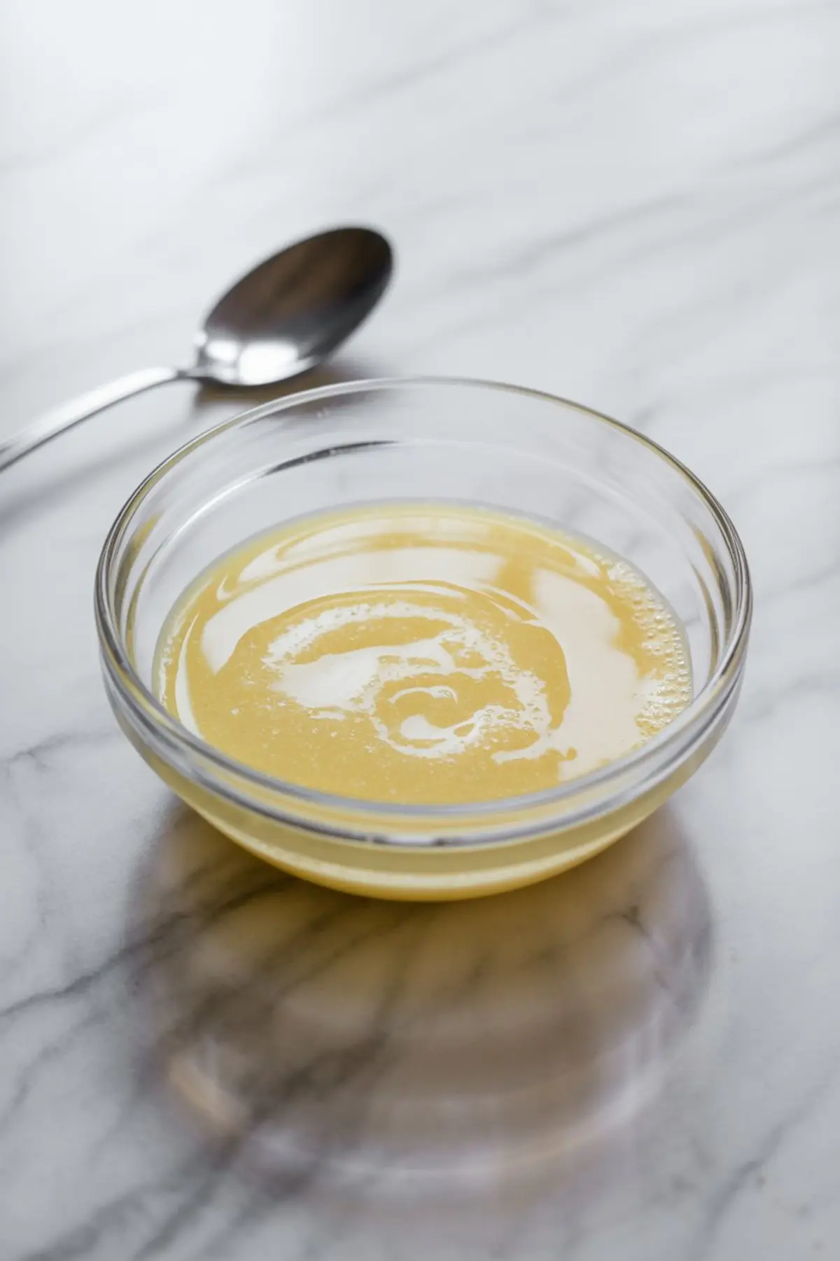 Glass bowl filled with cornstarch slurry on a marble surface, used to thicken strawberry cake filling or fruit sauces.
