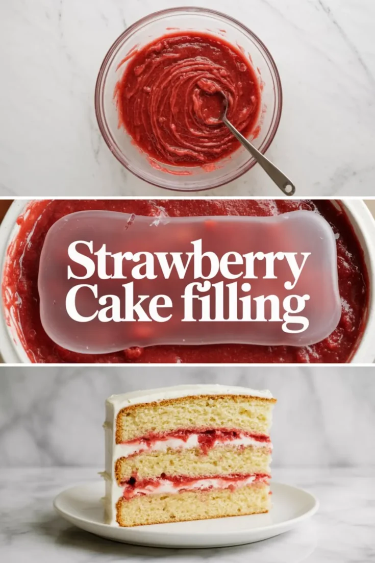 Collage showing the process and result of making strawberry cake filling. Top image shows thick strawberry filling being stirred in a bowl. Middle image displays the same filling labeled “Strawberry Cake Filling” over a close-up. Bottom image features a vanilla layer cake slice with strawberry filling and whipped frosting, served on a white plate.
