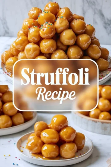 Collage featuring glossy honey-glazed struffoli stacked into a festive mound and individual servings on small plates, all garnished with rainbow sprinkles. Central text overlay says “Struffoli Recipe.”