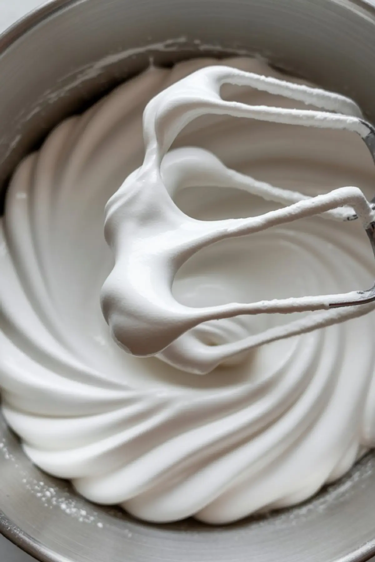 Glossy, stiff peaks of freshly whipped Swiss meringue forming elegant swirls in a metal mixing bowl, with a mixer beater coated in meringue above the bowl.