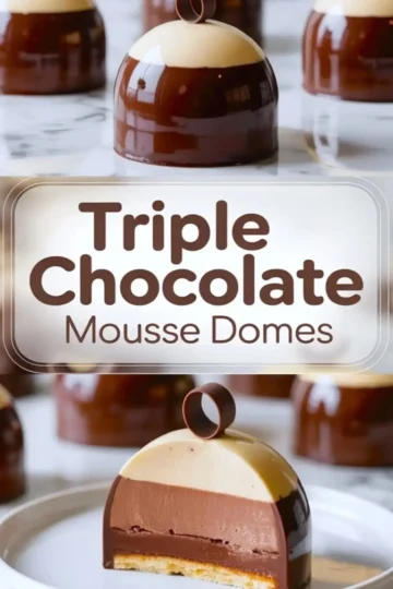 Collage showing glossy triple chocolate mousse domes with a chocolate ring garnish, cross-sectioned to reveal layers of dark, milk, and white chocolate mousse over a sponge cake base on marble surface.