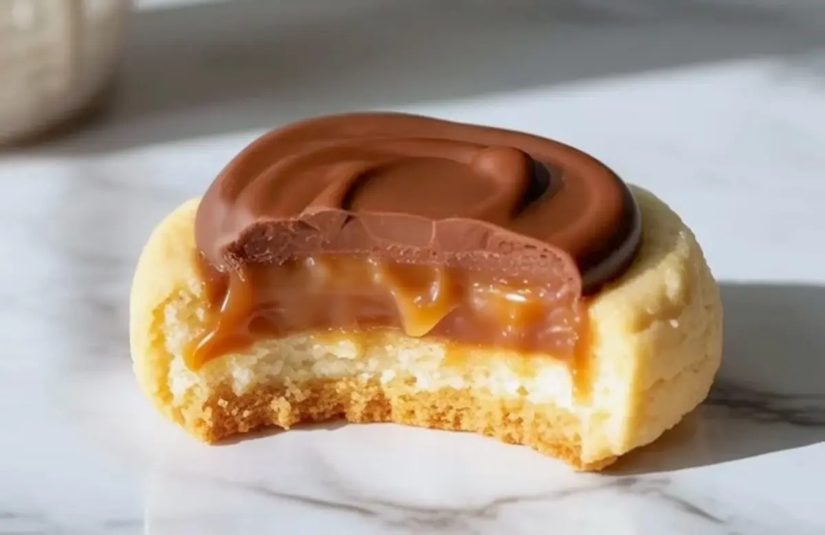 A bitten Twix thumbprint cookie reveals thick caramel filling and melted chocolate over a golden shortbread base on a marble surface.