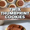 A vertical collage showcases Twix thumbprint cookies with three sections: cookies with chocolate centers cooling on a wire rack, bold “Twix Thumbprint Cookies” text in the center, and a close-up of a bitten cookie revealing layers of caramel and milk chocolate over a soft shortbread base.