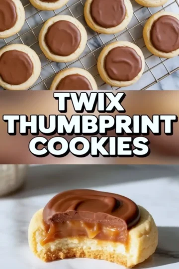 A vertical collage showcases Twix thumbprint cookies with three sections: cookies with chocolate centers cooling on a wire rack, bold “Twix Thumbprint Cookies” text in the center, and a close-up of a bitten cookie revealing layers of caramel and milk chocolate over a soft shortbread base.
