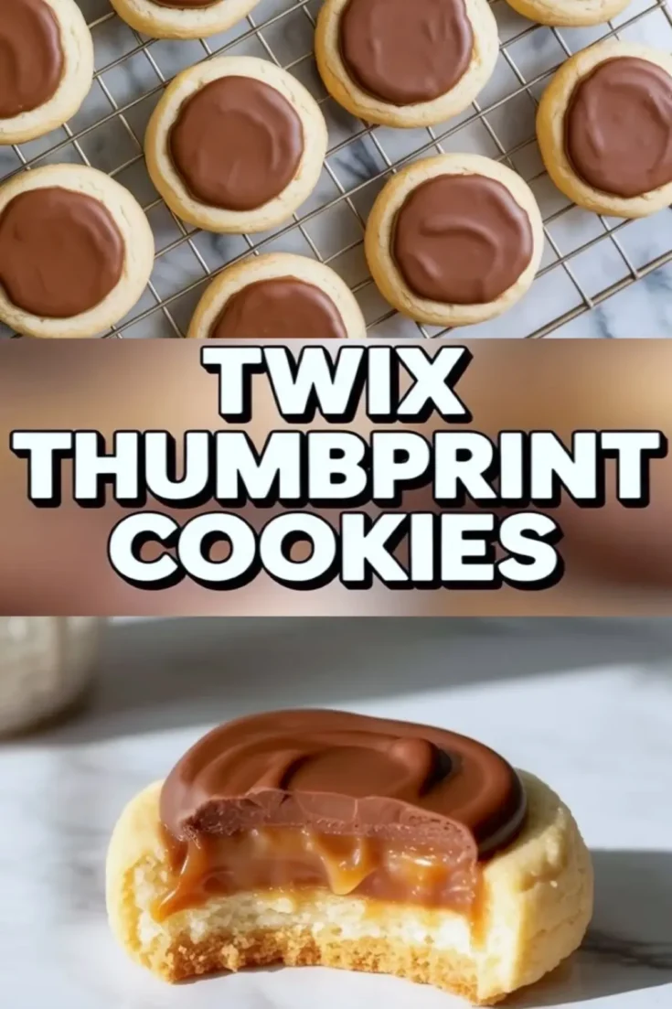 A vertical collage showcases Twix thumbprint cookies with three sections: cookies with chocolate centers cooling on a wire rack, bold “Twix Thumbprint Cookies” text in the center, and a close-up of a bitten cookie revealing layers of caramel and milk chocolate over a soft shortbread base.